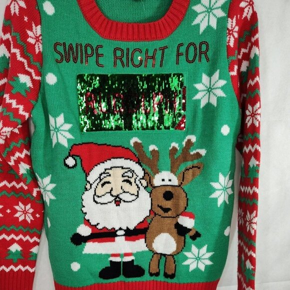 Joe Boxer Christmas Sweater Sequin Swipe Right Women Size M Red Green Long Slv - Picture 7 of 7